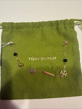 Tory Burch Gold-Tone Logo Charm Necklace with Black Beads
